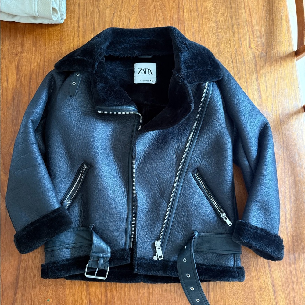Zara Womens Black Faux Suede and Fur Biker Jacket
